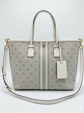 Tory Burch Light Cream Monogram Stripe Canvas Tote